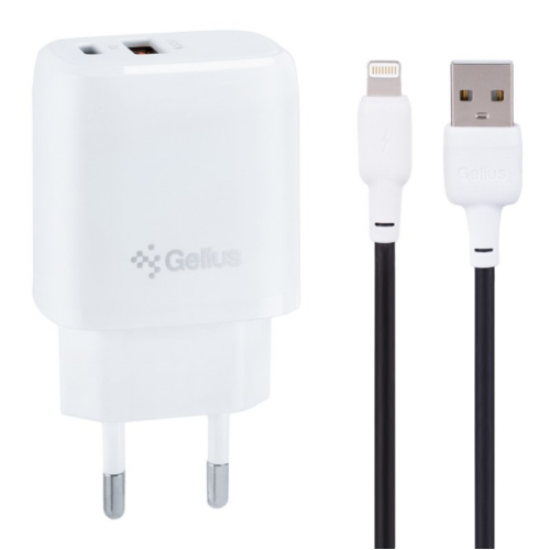 Сетевое зарядное устройство Gelius X-Duo GP-HC014 QC3.0/PD20W USB+Type-C White + кабель Lightning Gelius Full Silicon (18W) Black/White